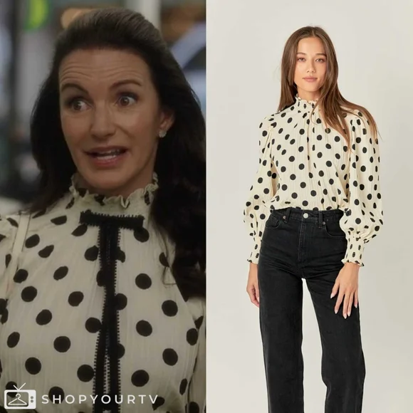 English Factory Polka Dot Smock Neck Blouse And Just Like That Charlotte York - Picture 2 of 7